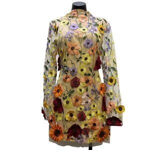 NWT Vin Floral Embroidered Mini Dress With Open Back & Long Sleeves Multicolor M